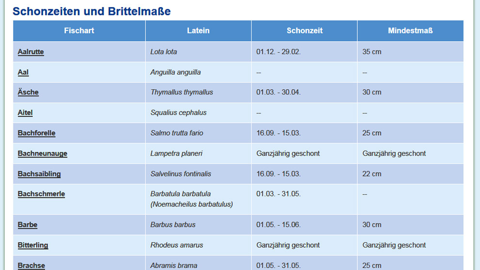 Schonzeiten und Mindestmaße Steiermark Fische